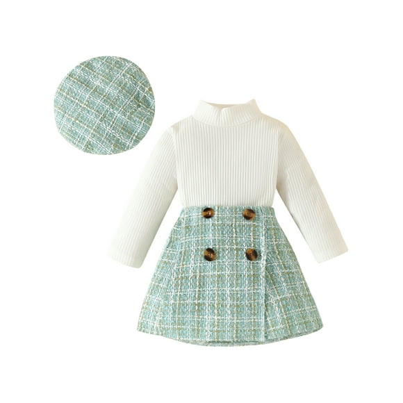Infant Girls Fall 3Pcs Outfit Solid Color Ribbed Long Sleeve Tops Plaid Tweed Pattern Skirt Beret Set