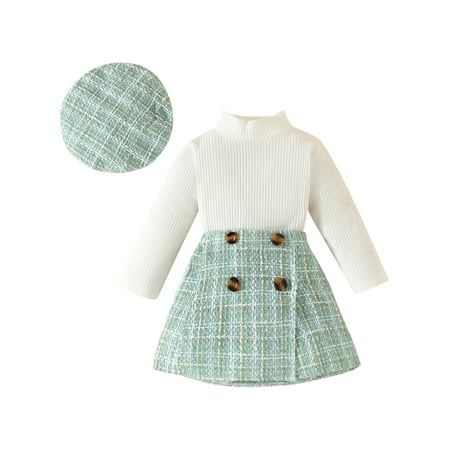 

Mevireiy Toddler Girls Ribbed Knit Sweatshirt Tops Plaid Tweed Mini Skirt Beret Hat Green 18-24 Months