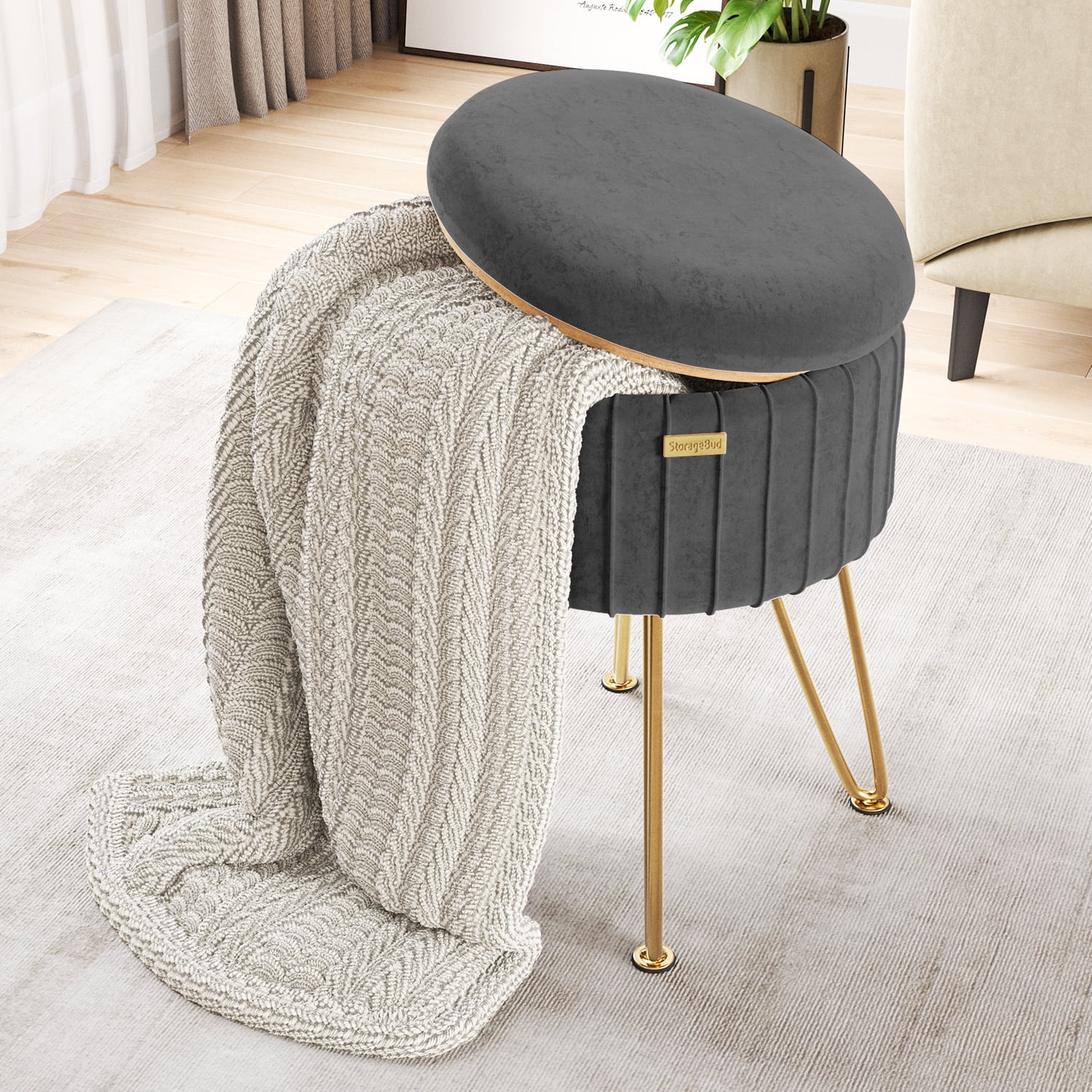 LammaLoe Small Round Ottoman with Storage, Pleated Velvet Ottoman Foot Stool with Lid, Upholstered Vanity Stool for Living Room & Bedroom, Gray