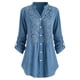 thumbnail image 1 of Blusa holgada tipo túnica con botones y encaje, cuello en V, manga larga y enrollable, talla grande para mujer, 1 of 5