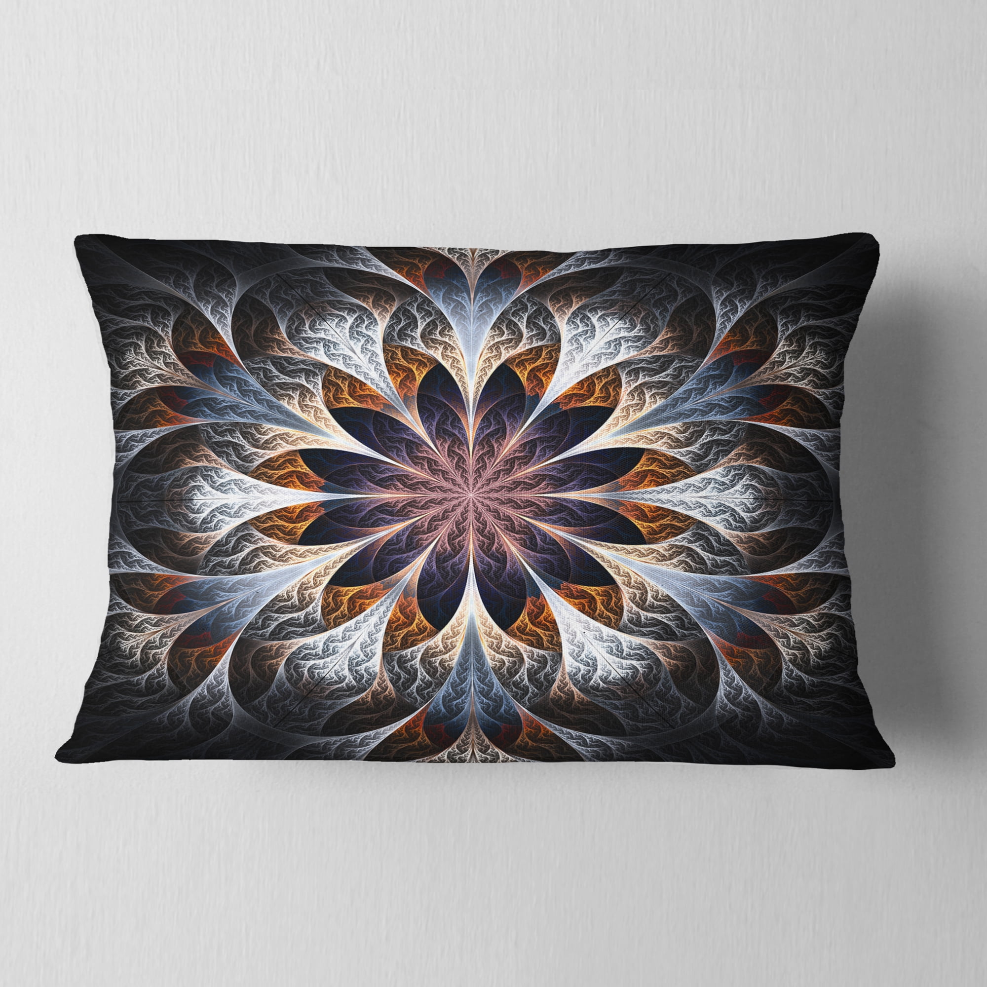 Designart Gray Brown Digital Art Fractal Flower - Floral Throw Pillow - 12x20