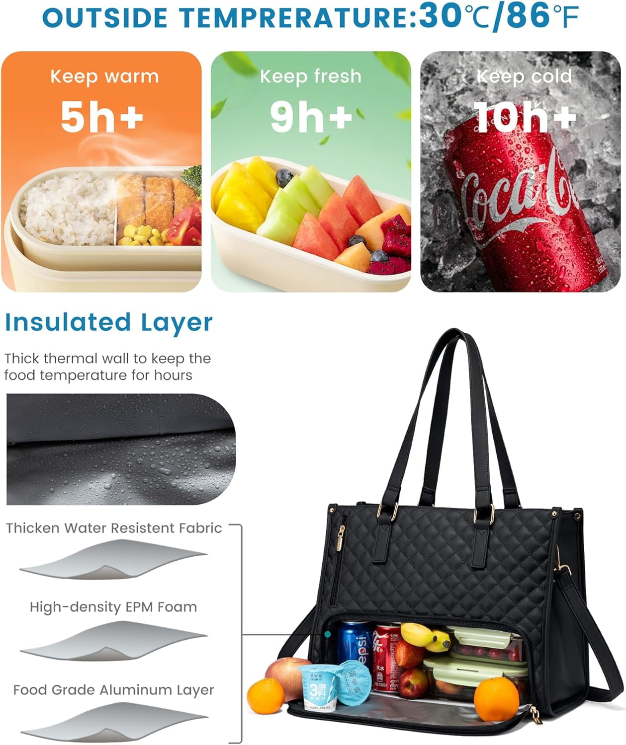 DLD Lunch Tote Bag for Women, 15.6 Inch Laptop Bag with Insulated Lunch Compartment, Quilted Large Capacity Computer Handbag with Purse for Business, Work, Nurse, Office, Collage, Casual, Black