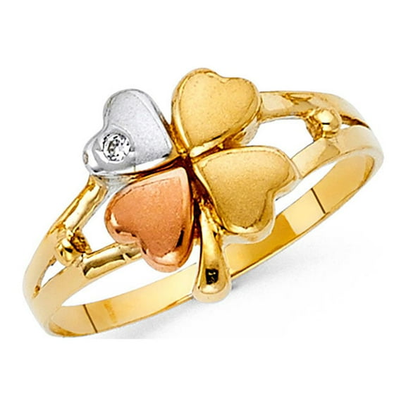 Clover Ring Solid 14k Yellow White Rose Gold CZ Four Leaf Band Good Luck 4 Hearts Satin Polished, Size 7