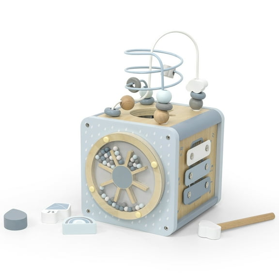 Label Label: 5-In-1 Activity Cube - Blue - Wooden Toy, Shape Sorter, Cog Wheels, Track Maze, Xylophone, Bead Labyrinth, Baby & Toddlers Ages 1 