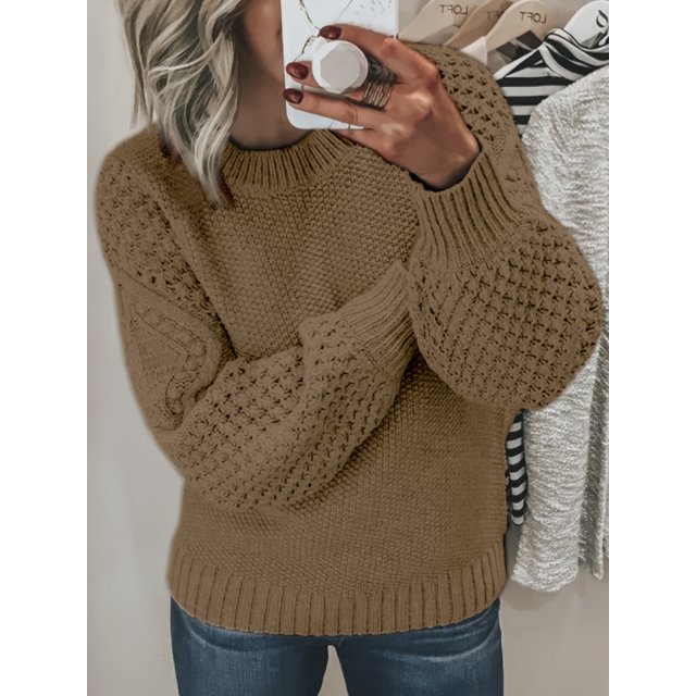 Chandail à Col Rond pour Femmes - Chandail à Manches Longues en Tricot Doux Couleur Unie