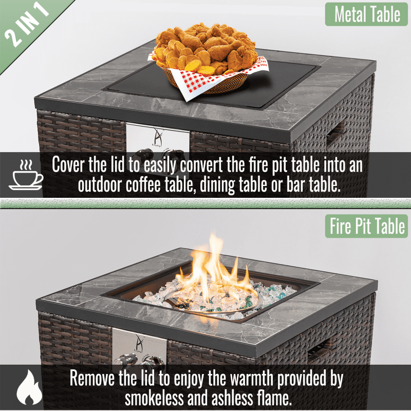 HONEY HOME 22 in Outdoor Propane Gas Fire Pit Table, 50,000 BTU Auto-Ignition Gas Firepit with Glass Wind Guard, Marble Tile Tabletop, Mixed Color Glass Rocks, Brown PE Rattan