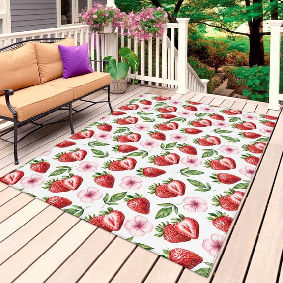 Strawberry Outdoor Rug for Patio/Deck/Porch, Non-Slip Large Area Rug 4 x 6 Ft, Tropical Summer Red Fruit Cherry Blossoms Indoor Outdoor Rugs Washable Area Rugs, Reversible Camping Rug Carpet Runner