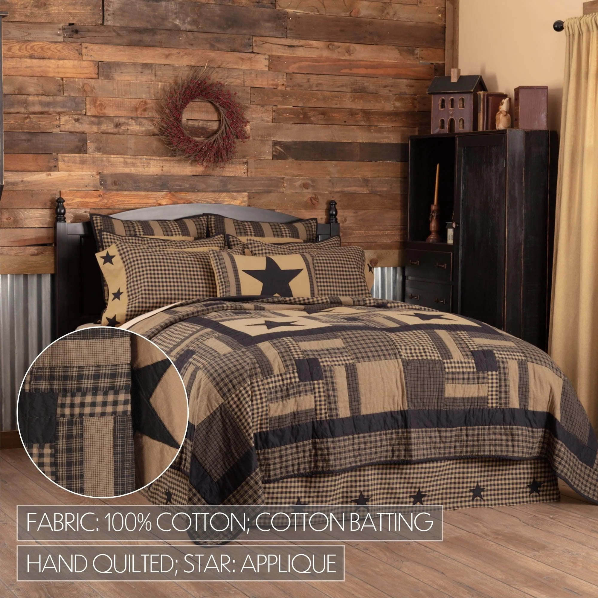 VHC Brands, Black Check Star, Cotton, 90Wx90L x 21x27, Queen Quilt w/ 2 Shams Set, Black