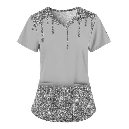 

Women Scrubs Top Working Uniform Nurses Clothing Workwear Fashion Printed Short Sleeve With Pockets V-Neck Shirts T-Shirts Tops Daily Tshirt