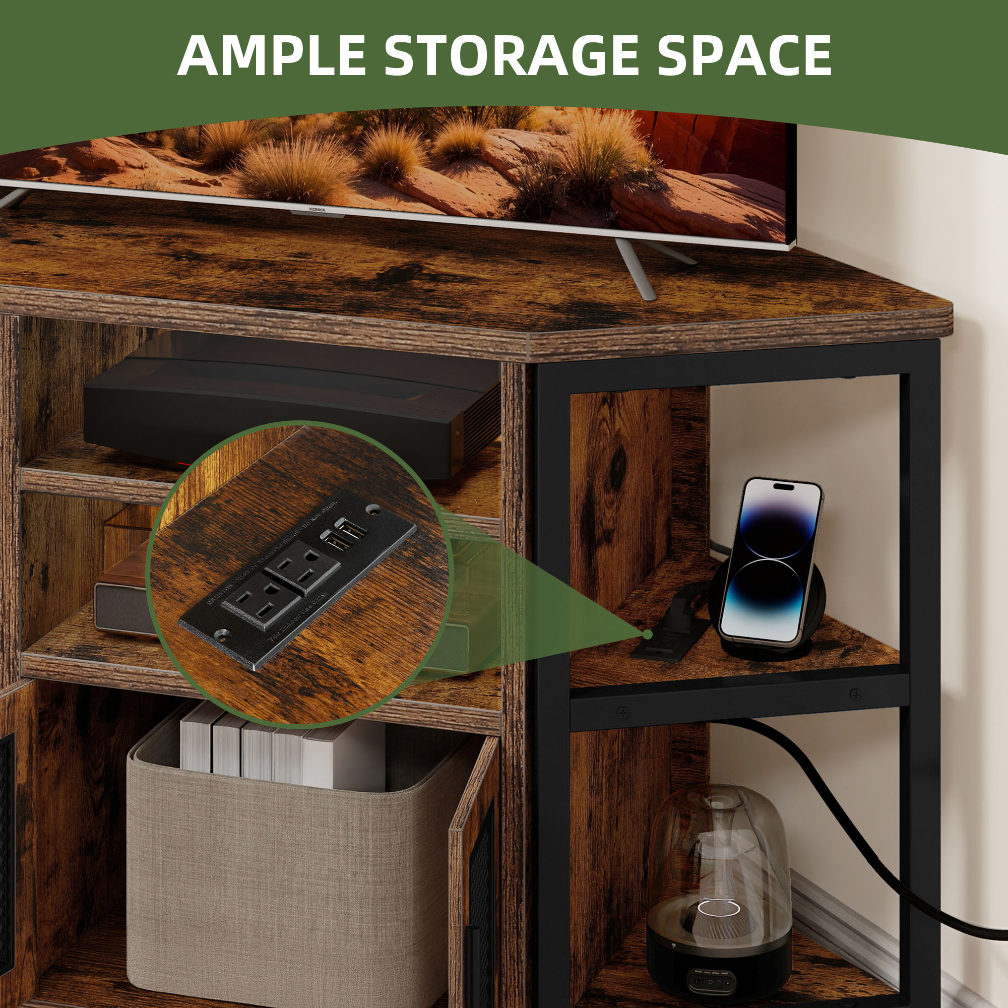 Uforic Modern Corner TV Stand with Adjustable Layer Board, Double Door Mesh Cabinet & 96-Hole Metal Handle, with 2 Outlets 2 USB Ports Power Socket,Brown