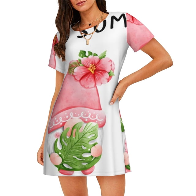 Kdxio Hello Summer Gnome Imprimé Chemise de Nuit pour Femmes Manches Courtes Chemise de Nuit Décontractée Imprimée Robe de Nuit Ample Confortable Pyjama
