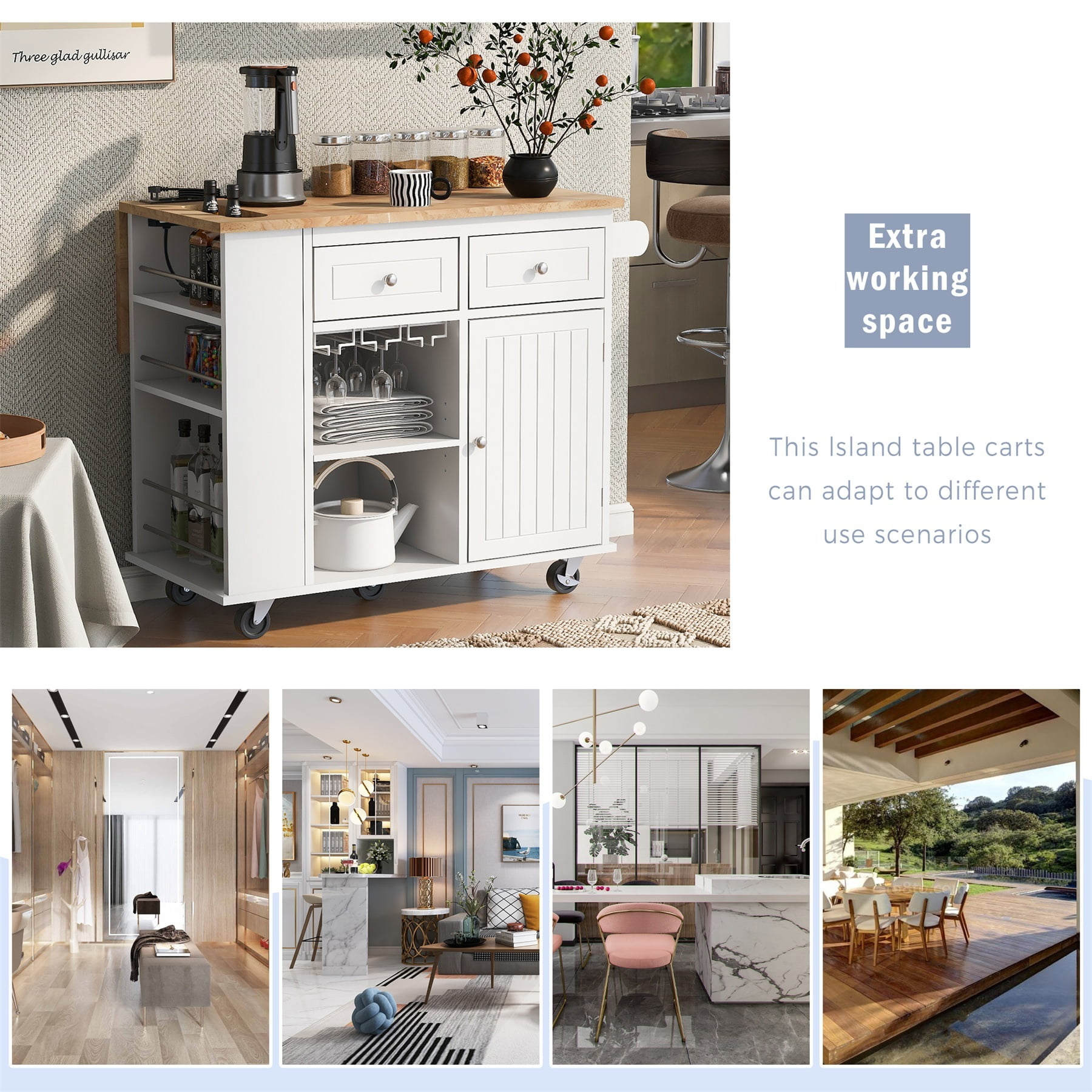 Alvantor Kitchen Island Carts with Power Outlet, Mobile Buffet Cabinet with Drop Leaf,Open Storage and Wine Rack for Dining Room Living Room White