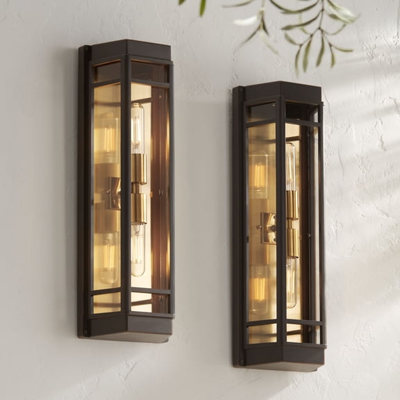 John Timberland Catie 21" High Modern 2-Light Outdoor Wall Light Fixture Mount Porch House Set of 2 Sand Bronze and Brass Finish