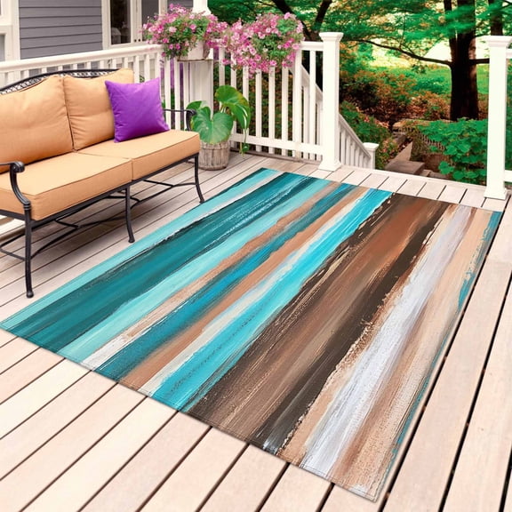 Aqua Brown Outdoor Rug for Patio/Deck/Porch, Non-Slip Large Area Rug 6 x 9 Ft, Oil Painting Abstract Art Modern Striped Indoor Outdoor Rugs Washable Area Rugs, Reversible Camping Rug Carpet Runner