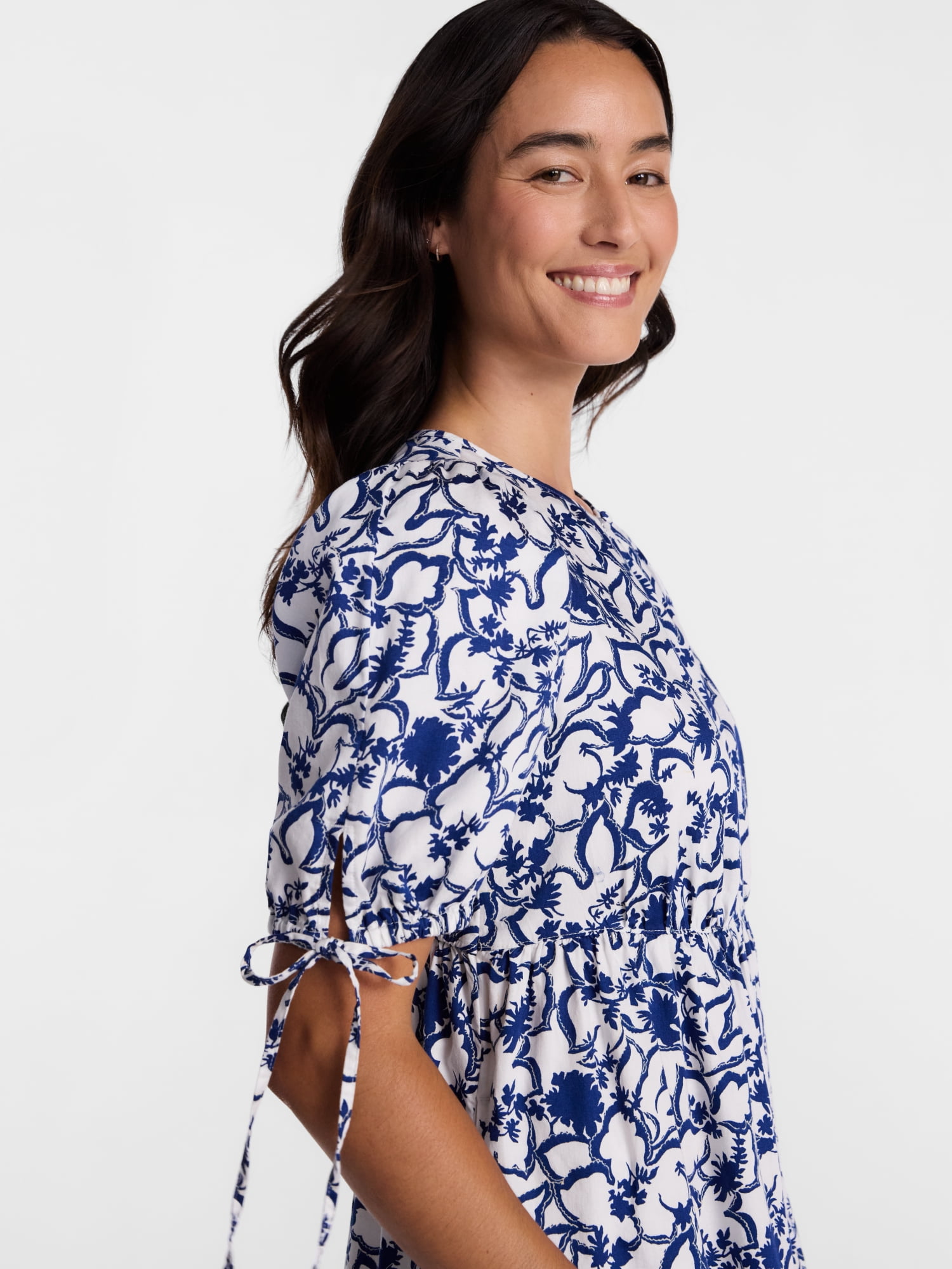 Time and Tru Women's Tiered Midi Dress with Tie Puff Sleeves, Sizes XS-XXXL