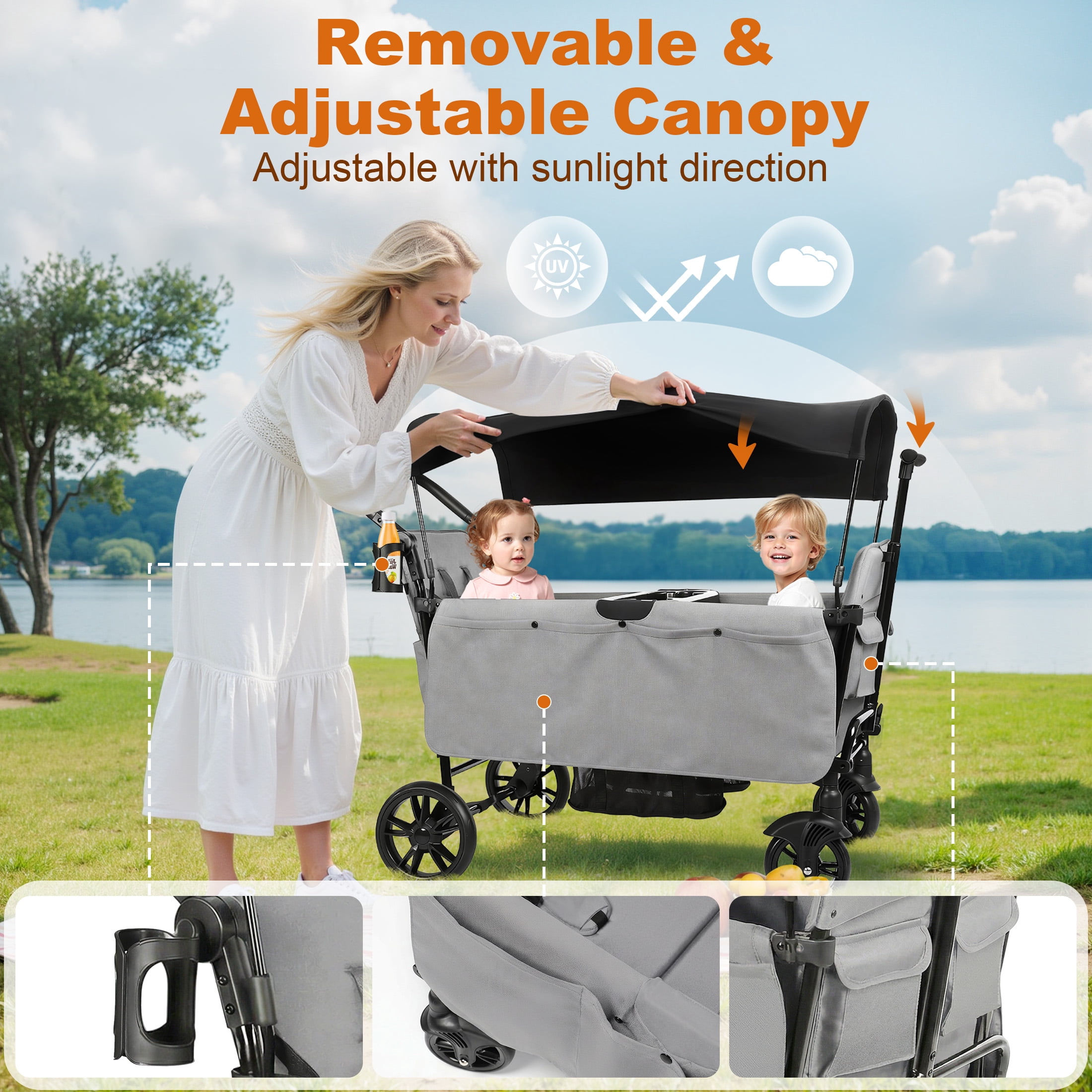 Vomeast Wagon Stroller for Kids,Spacious 2-Seater Stroller Wagon with Adjustable Canopy,Pull & Push Handle,5-Point Harness,Foldable for Toddlers, Grey