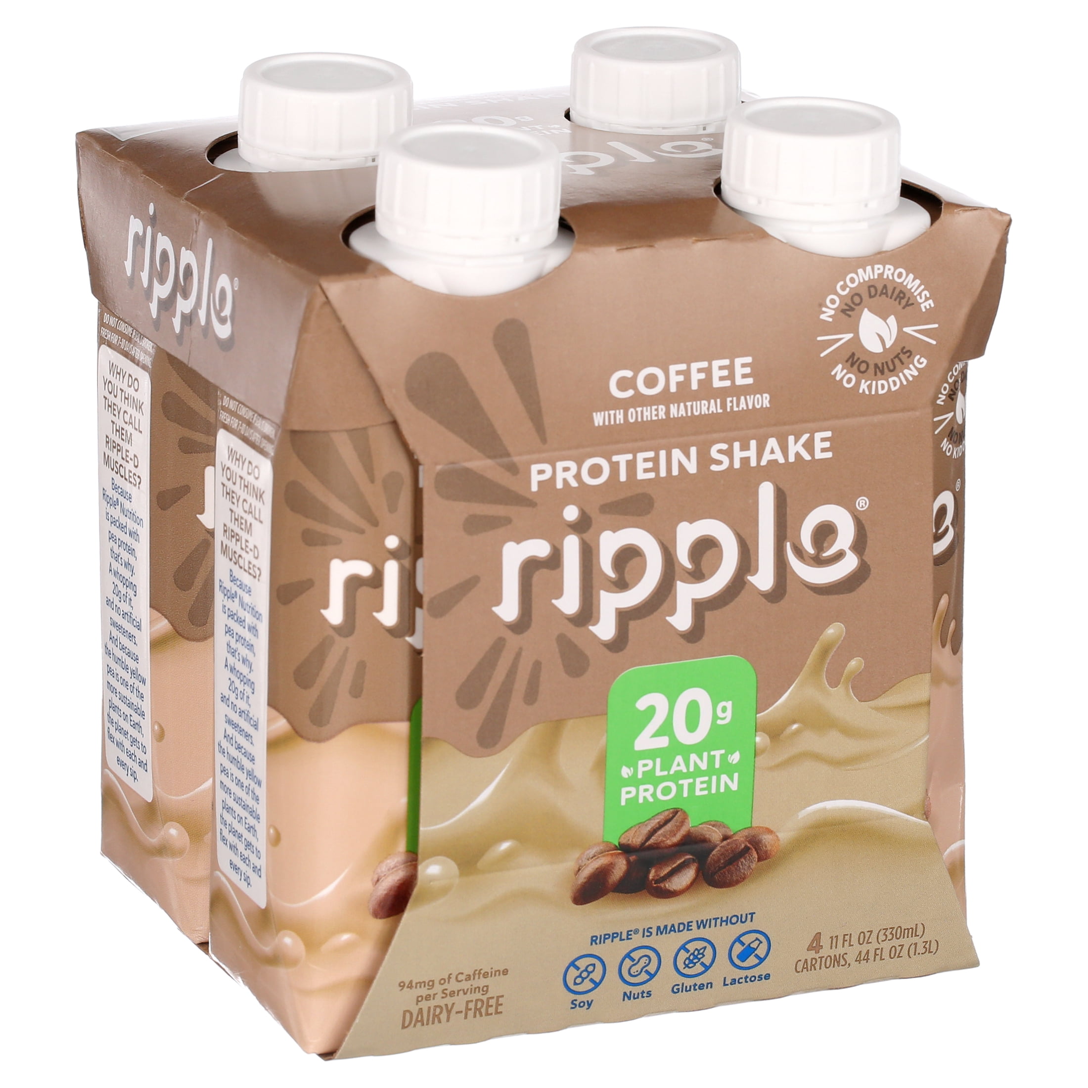 (2 pack) Ripple Coffee flavored Vegan Protein Shake, Shelf Stable 11 fl oz Pk of 4