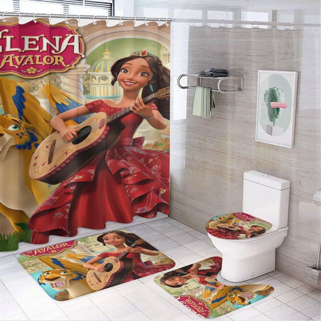 Juego de 4 cortinas de ducha Elena de Avalor con alfombrillas antideslizantes, tapa de inodoro y alfombrilla de baño, cortina de ducha impermeable con decoración de dibujos animados para baño con 12