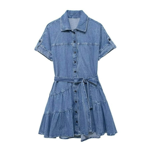 Fashionable lapel tie up casual denim short dress