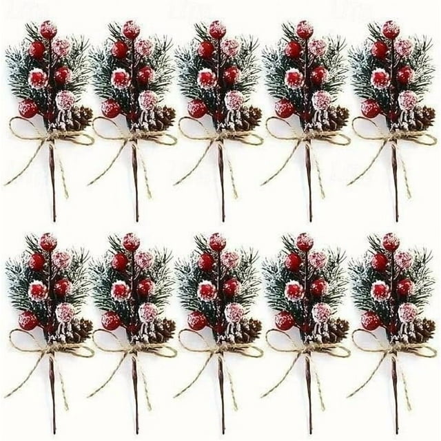 Pics de Baies de Noël avec Pommes de Pin et Tiges de Houx, Baies Rouges Artificielles Branches de Pin Persistantes pour Guirlande de Noël DIY, Décorations d'Arrangement Floral de Vacances