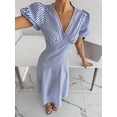 thumbnail image 4 of Women's Blue Striped V-Neck Puff Sleeve Midi Dress for Summer Casual, Beach, Vacation, Office & Going Out, 4 of 7