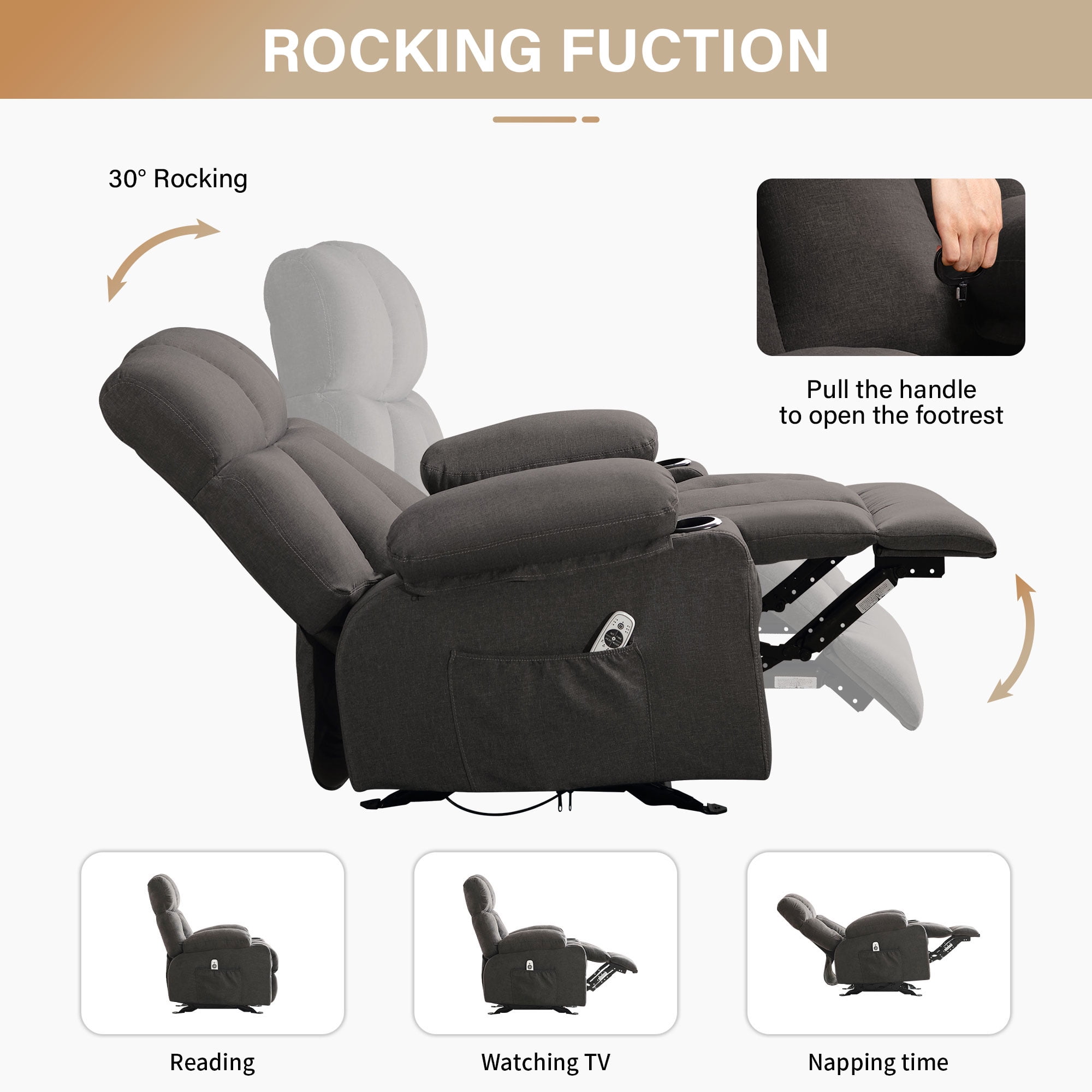 JONPONY Heated Manual Massage Recliner with Cup Holder, Single Rocker Sofa with Cup Holders for Bedroom Home Theater,Dark Black