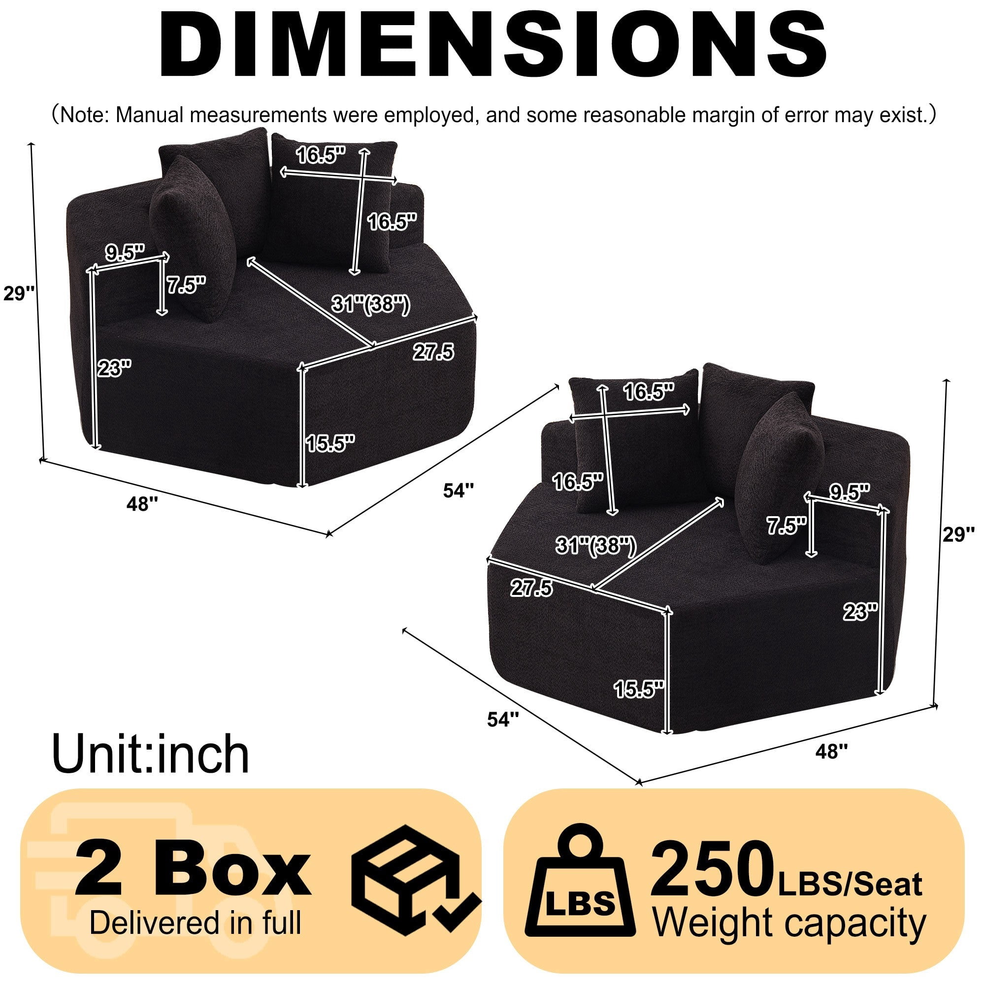 Sailvan 2PCS 54" Modern Hexagonal Modular Lounge Chair, Chenille Circular Sofa with Pillows, Modular Seating for Living Room & Bedroom Black