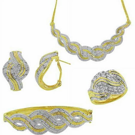 Arista 2.00 Carat T.W. Round White Diamond Gold-Tone Plated Ring, Earrings, Bangle and Necklace Set in Brass, 17" (I-J, I3)