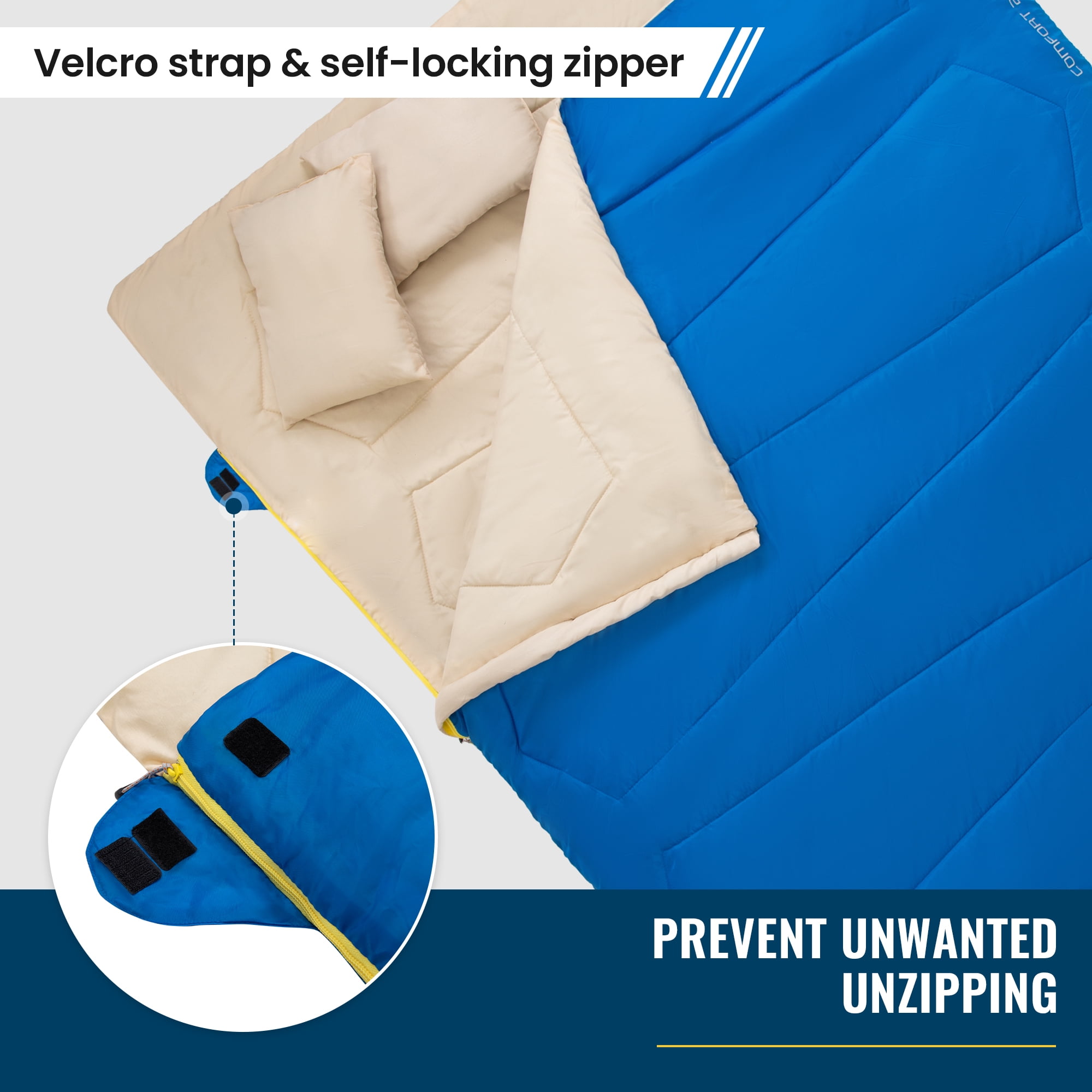 FUNDANGO Two Person Sleeping Bags with Pillows 220cm*150cm Double Camping Sleeping Bags with Compression Sack Queen Size 39.2°F-62.6°F Keep Warm Sleeping Bag, 6.1lbs, Blue