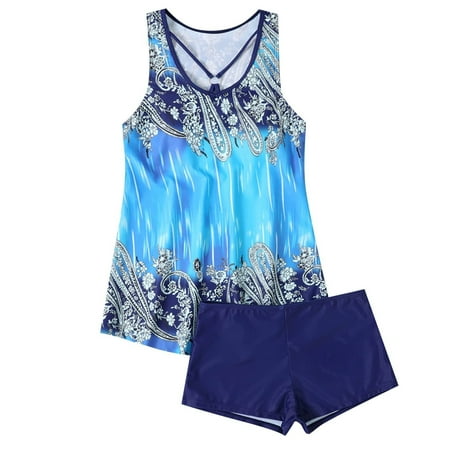 Alkepwun Tankini Swimsuits for Women Tummy Control Two Piece Bathing Suit Flowy Padded Swim Tank Top with Boyshorts Boho Floral Plus Size Swimwear