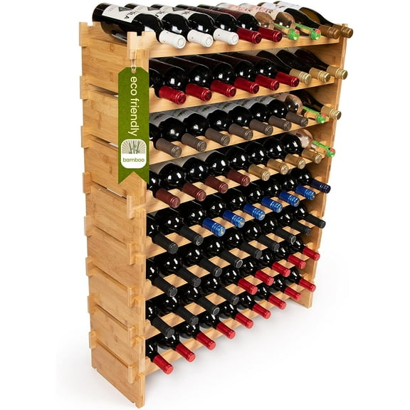 DECOMIL - 72 Bottle Stackable Modular Wine Rack Wine Storage Rack Solid Bamboo Wine Holder Display Shelves, Wobble-Free (Eight-Tier, 72 Bottle Capacity)