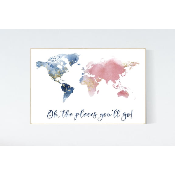 Blush Navy Gold World Map Nursery Wall Art Poster