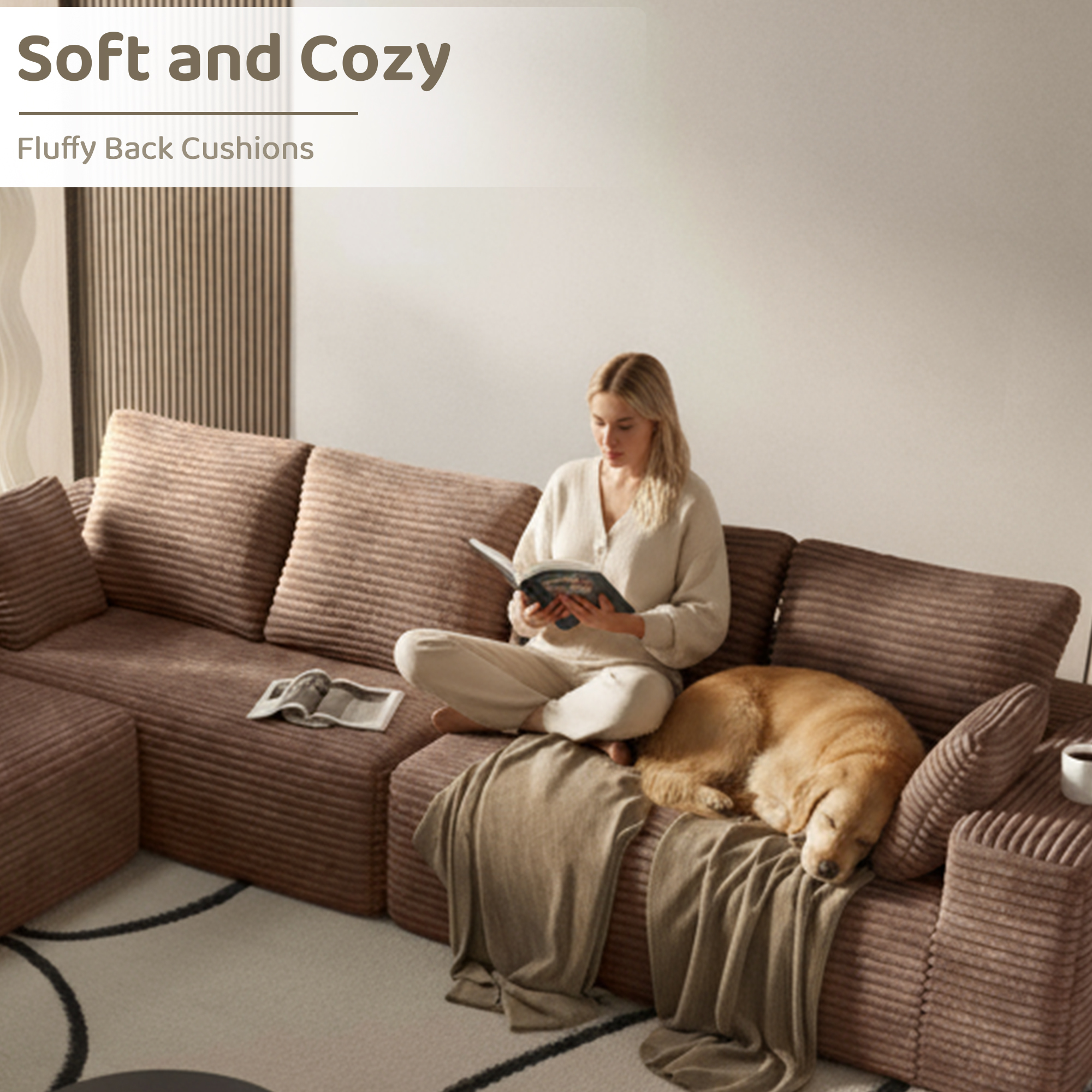 104.4" Modern L-Shaped Sectional Sofa for Living Room Bedroom, Modular Cloud Sectional Couch with Deep Seating Upholstered Sofa, Free Combination Sofa, Corduroy Upholstery, No Assembly, Brown Couch