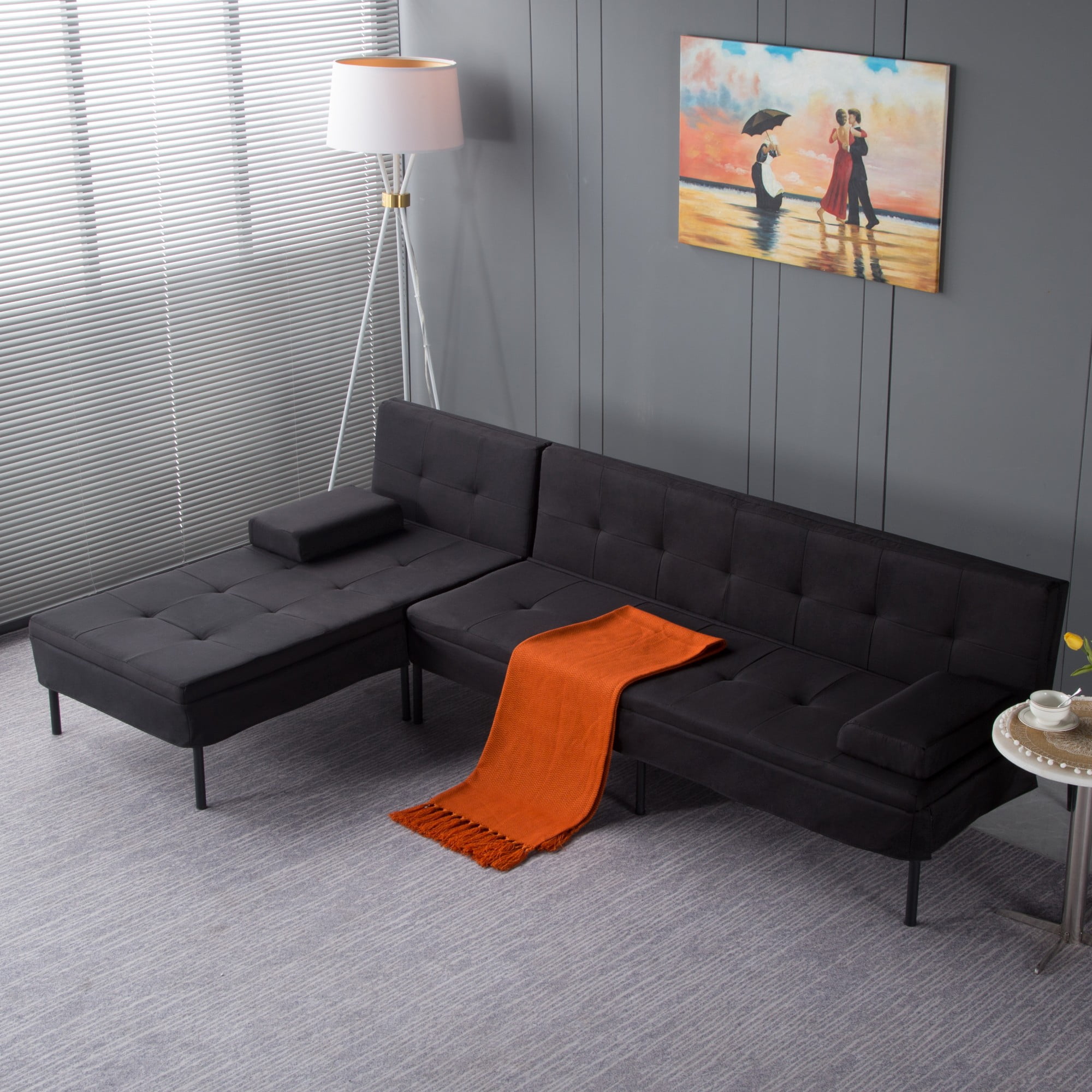 DEALTOPS 89.4” Convertible Sectional Sofa Bed, L-Shaped Futon with Reversible Chaise & 5-Position Backrest, Black
