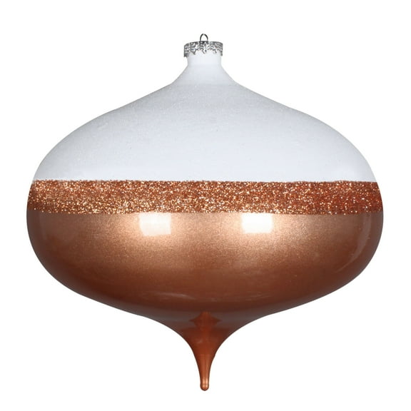 Vickerman 8" Rose Gold Candy/White Glitter Onion Ornament. This ornament features a white glitter top, a stripe of rose gold glitter, and a candy finish bottom. Made of shatterproof plastic.