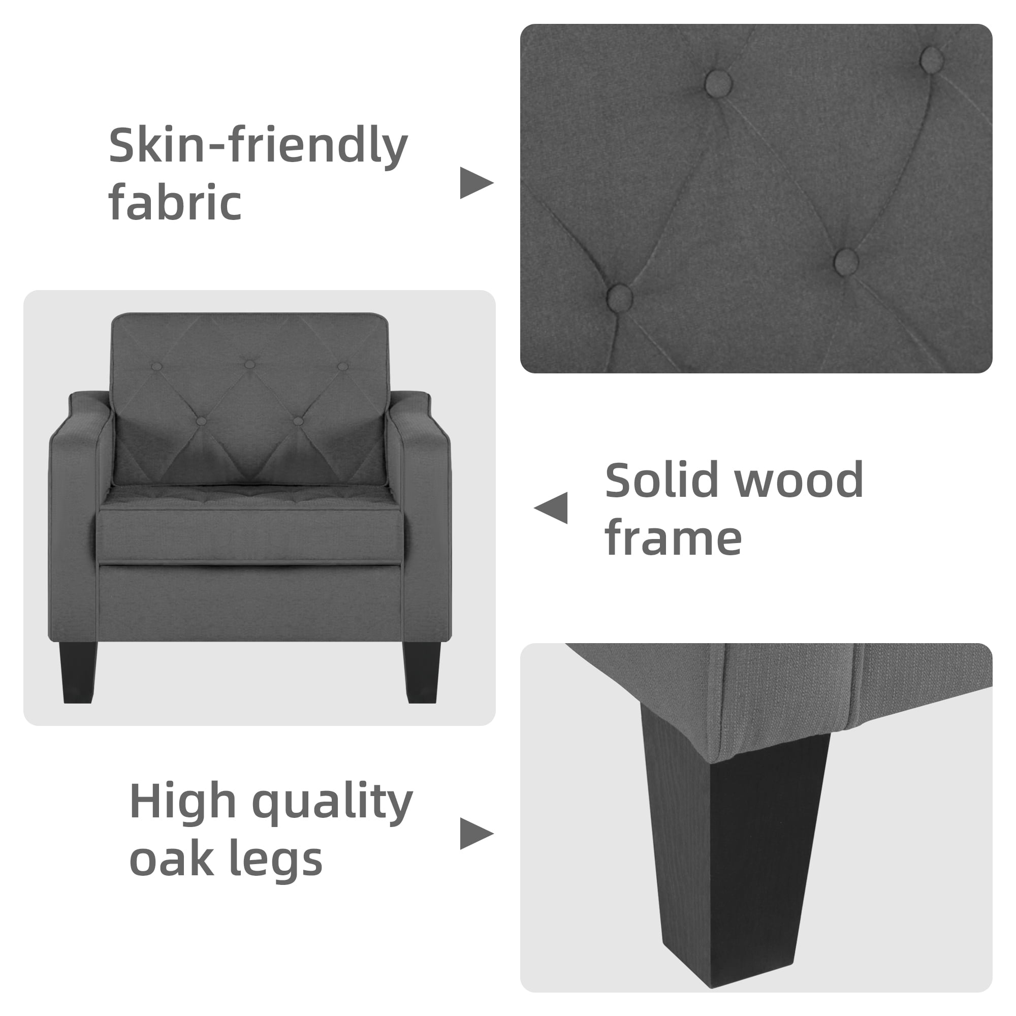LAZZO Accent Chair, Comfy Tufted Living Room Arm Chair, Modern Upholstered Club Chair，Gray-2 Pack