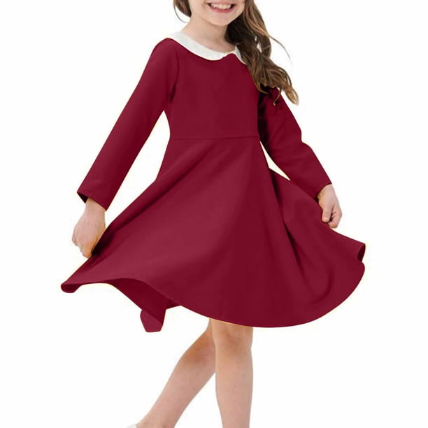 Odeerbi Niñas Cuello Peter Pan Vestido Algodón Primavera Otoño Vestido Manga Larga Color Sólido Cuello Redondo