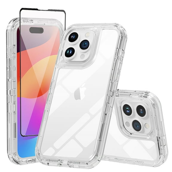 TASHHAR for iPhone 15 Case with Screen Protector 3 in 1 Reinforced Bumper Shockproof Non-Yellowing Crystal Clear Case iPhone 15 6.1 inch 2023 Phone