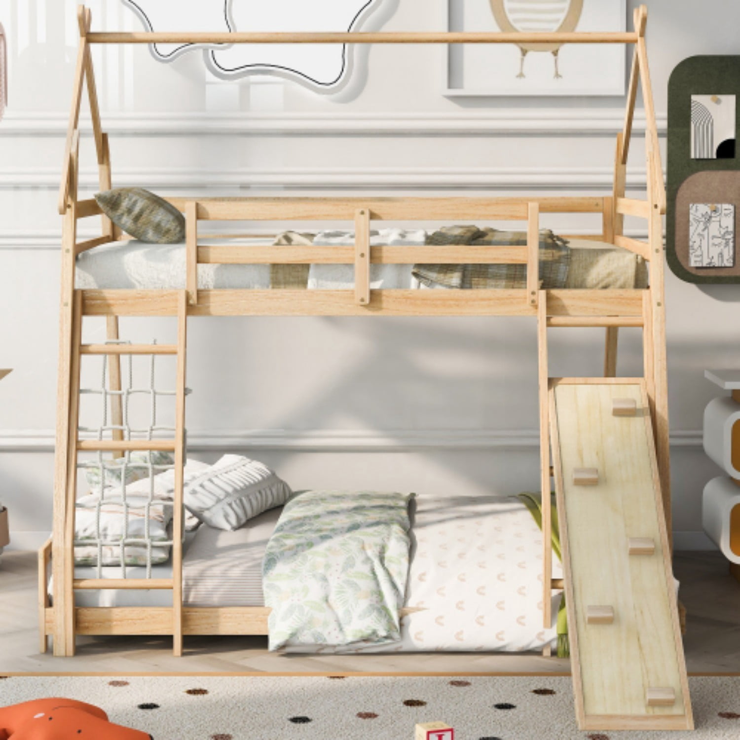 Twin Over Queen House Bunk Bed with Climbing Net & Ramp, Wooden Loft Bed with Guardrails, Space Saving Kids Bunk Bed for Bedroom, Natural