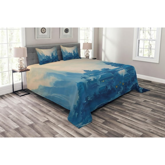 Ambesonne Farm House Quilted Bedspread Set 3 Pcs, Chinese Night, King Size, Blue