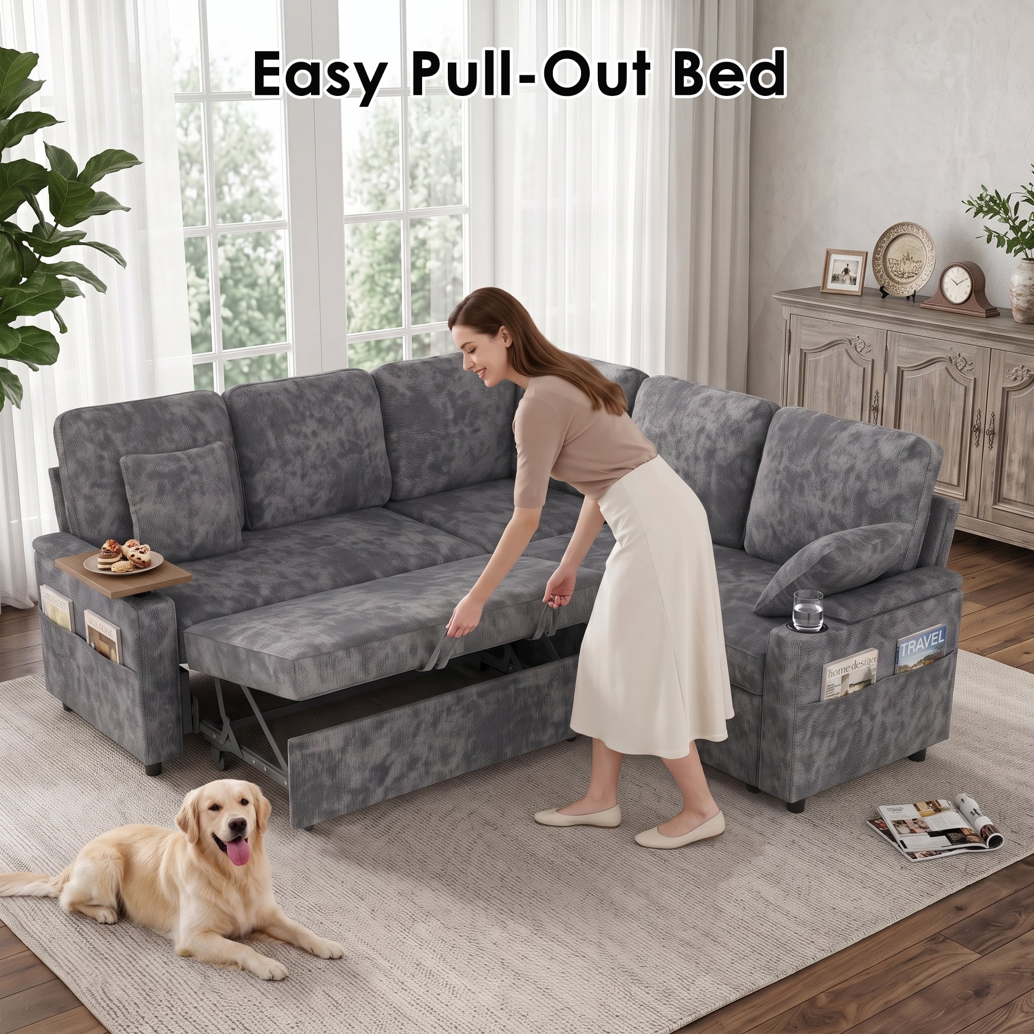 Xiweot 81" Modular Sectional Sleeper Sofa with Pull Out Couch, L Shaped Sofa Bed with Storage, Adjustable Backrest, USB Ports & Small Table, 5 Seaters Chenille Sofa for Living Room (Gray)