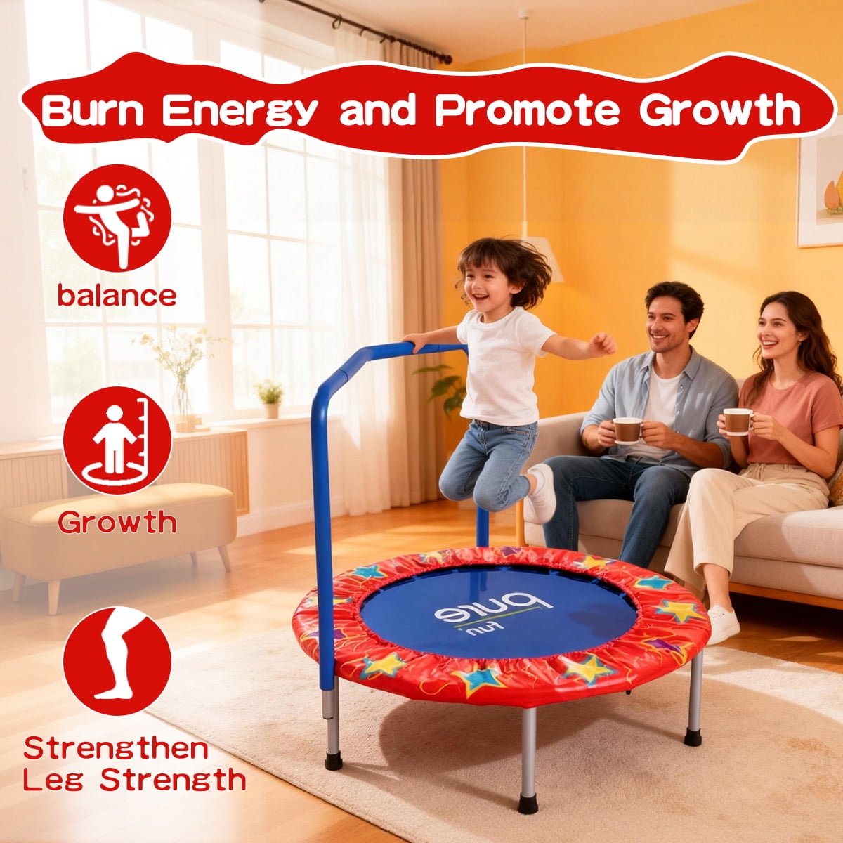 36-Inch Round Mini Trampoline for Kids – Indoor Bounce Playmat with N-Shaped Handle, Steel Frame & PVC Cover – Safe Exercise for Toddlers (Colorful)