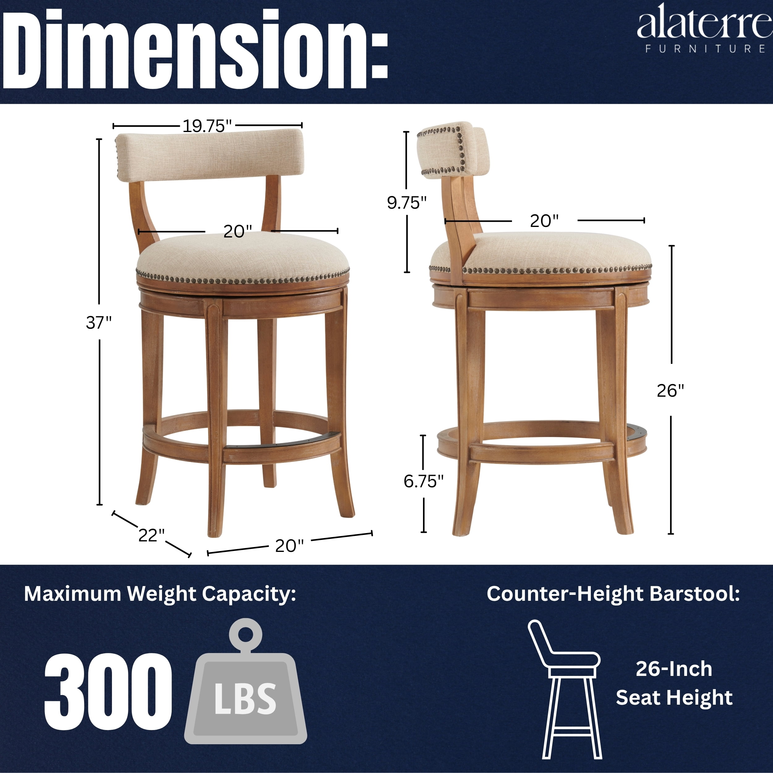 Alaterre Furniture Hanover Swivel Low Back Counter Height Bar Wood Stool, Weathered Brown and Beige