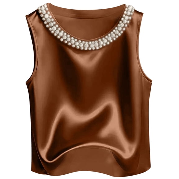 EYNMVR Women's Satin Pearl Top Crew Neck Sleeveless Dressy Casual Tank Tops Party Going Out Shirt