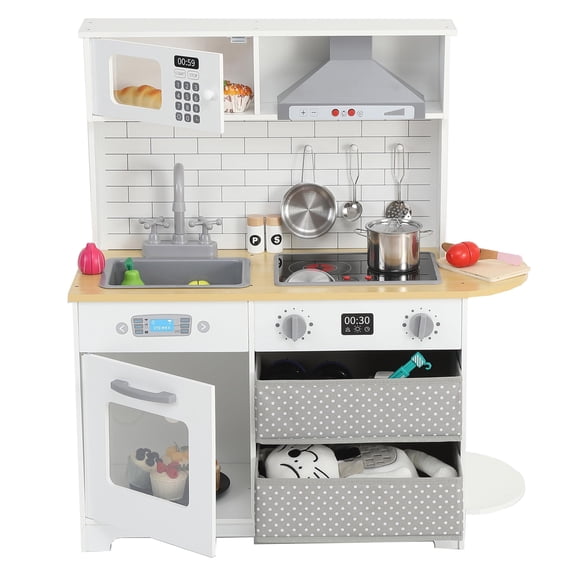Shininglove Play Kitchen for Kids, Wooden Kitchen Playset with Toy Storage System and 2 Fabric Drawers, Pretend Play Kitchen with Stove, Oven, Sink and Accessories for Toddler 3 , White