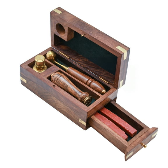TreasureGurus Vintage Antique Brass Wax Seal Stamp Set Seals Kit Spoon Sticks Burner Wood Box