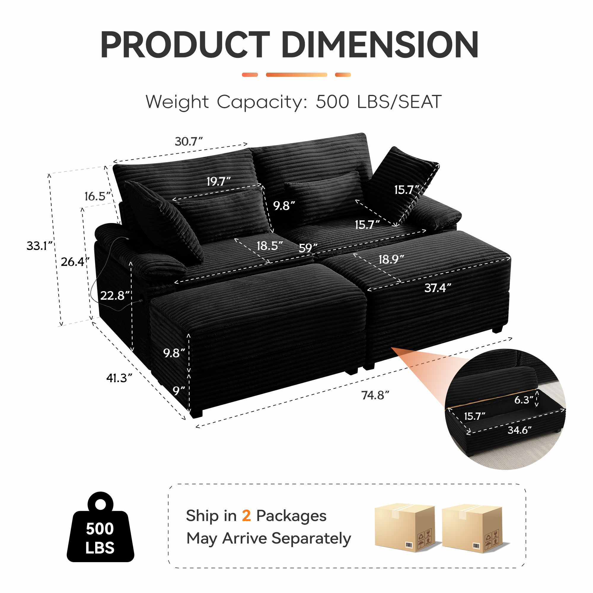 Corduroy Upholstered Sofa for Living Room,Modern Deep Seat Comfy Loveseat Couch with 2 Ottomans,Black