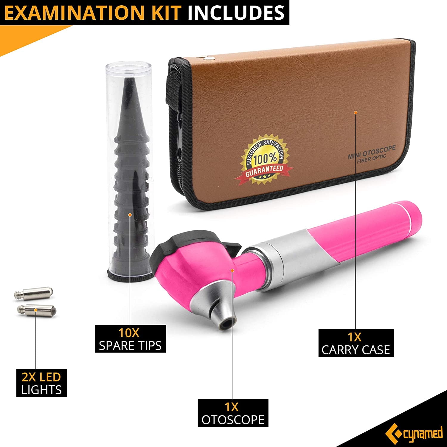 Cynamed Mini Otoscope - Portable Ear Light and Exam Kit for Home and Professional Use - 4X Magnifying Fiber Optic Scope with Spare Tips, Bulb, and Carrying Case - Pocket Diagnostic Equipment (Pink)