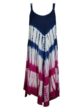 Mogul Womens Tie Dye Flare Sleeveless Boho Swing Dress Neck Embroidered Gypsy Hippie Chic Summer Fashion Cover Up Sundress