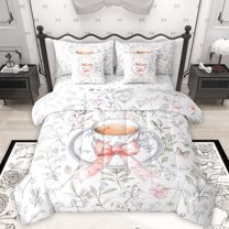 Homewish Cute Bow Tie 7-Piece Bedding Comforter Set,Sweet Coffe King Bedding Sets,Rustic Leaves Bed Sheets For Girl Kids,Ultra Soft Home Decor Reversible